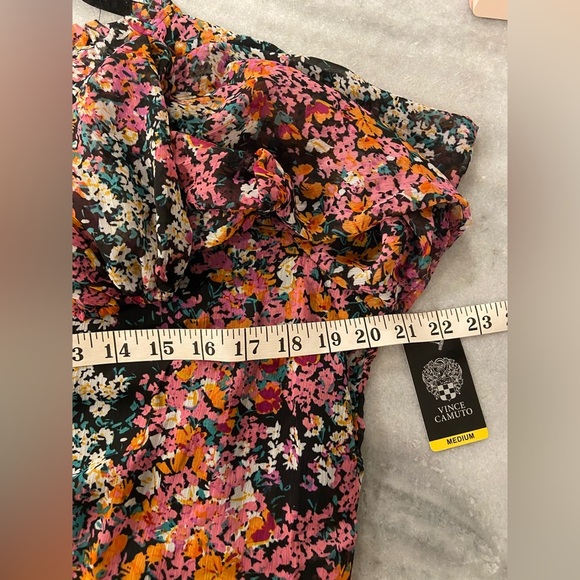 NWT Vince Camuto Size M Black Floral Ruffle Flowy Long Sleeve Sheer Mini Dress - Picture 10 of 13